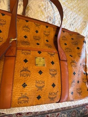 EUC MCM Visetos Leather Duffle Bag in Cognac Brown No Crossbody Strap